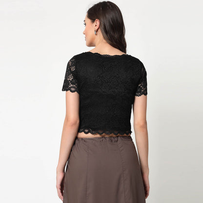 Black Lace Boat Neck Blouse
