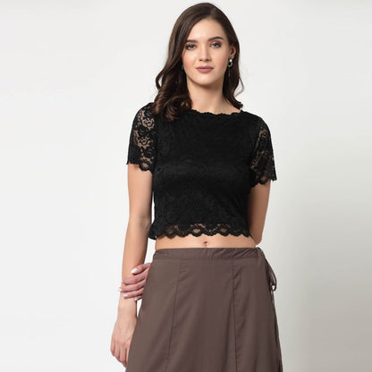 Black Lace Boat Neck Blouse