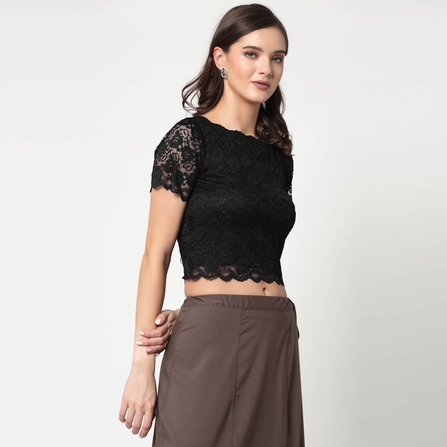 Black Lace Boat Neck Blouse