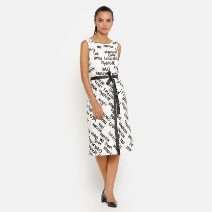 Black & White Printed Sleeveless Dress With Black Belt