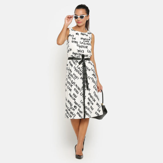 Black & White Printed Sleeveless Dress With Black Belt