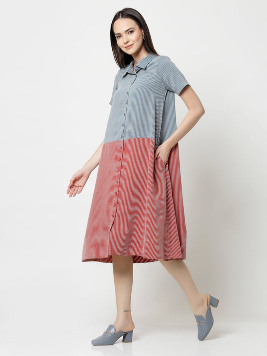 Blue & Peach Half in Half A Line Dress