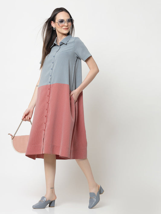 Blue & Peach Half in Half A Line Dress