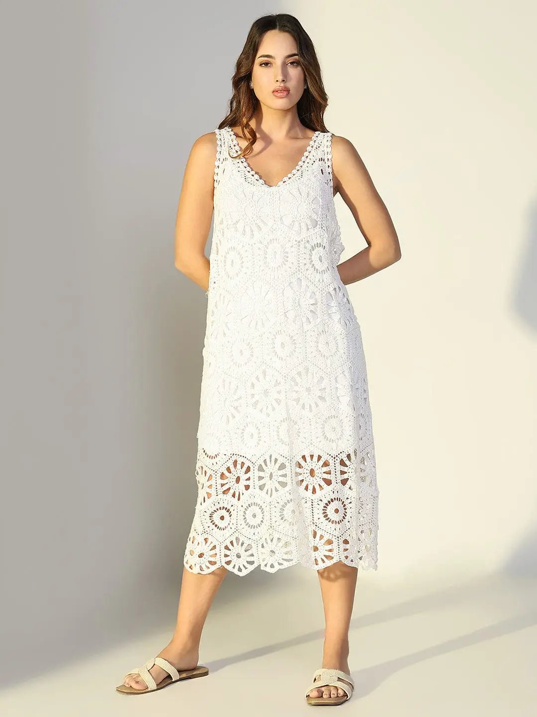 Women's White A-Line Crochet Dress