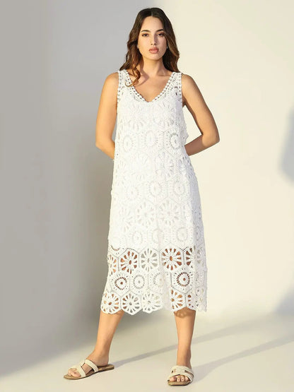 Women's White A-Line Crochet Dress