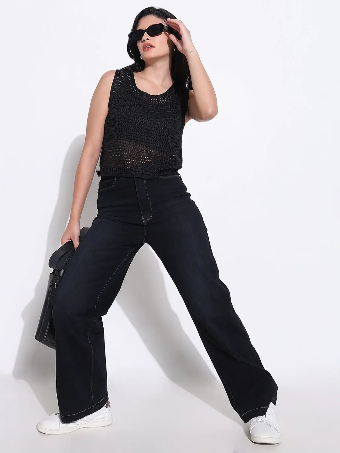 Women's Black Sleeveless Crochet Top