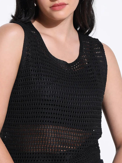 Women's Black Sleeveless Crochet Top