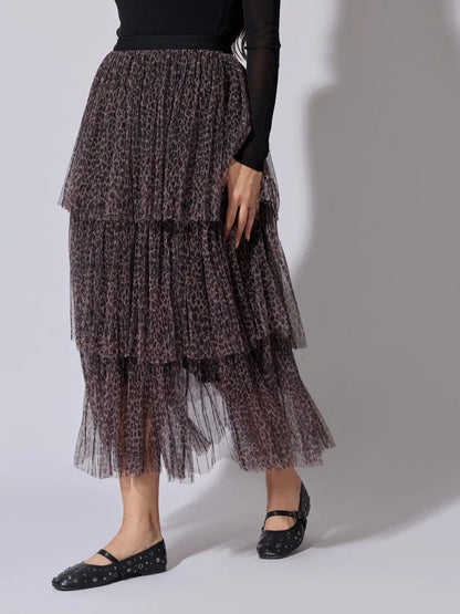 Women's Printed Brown Tiered Mesh Skirt