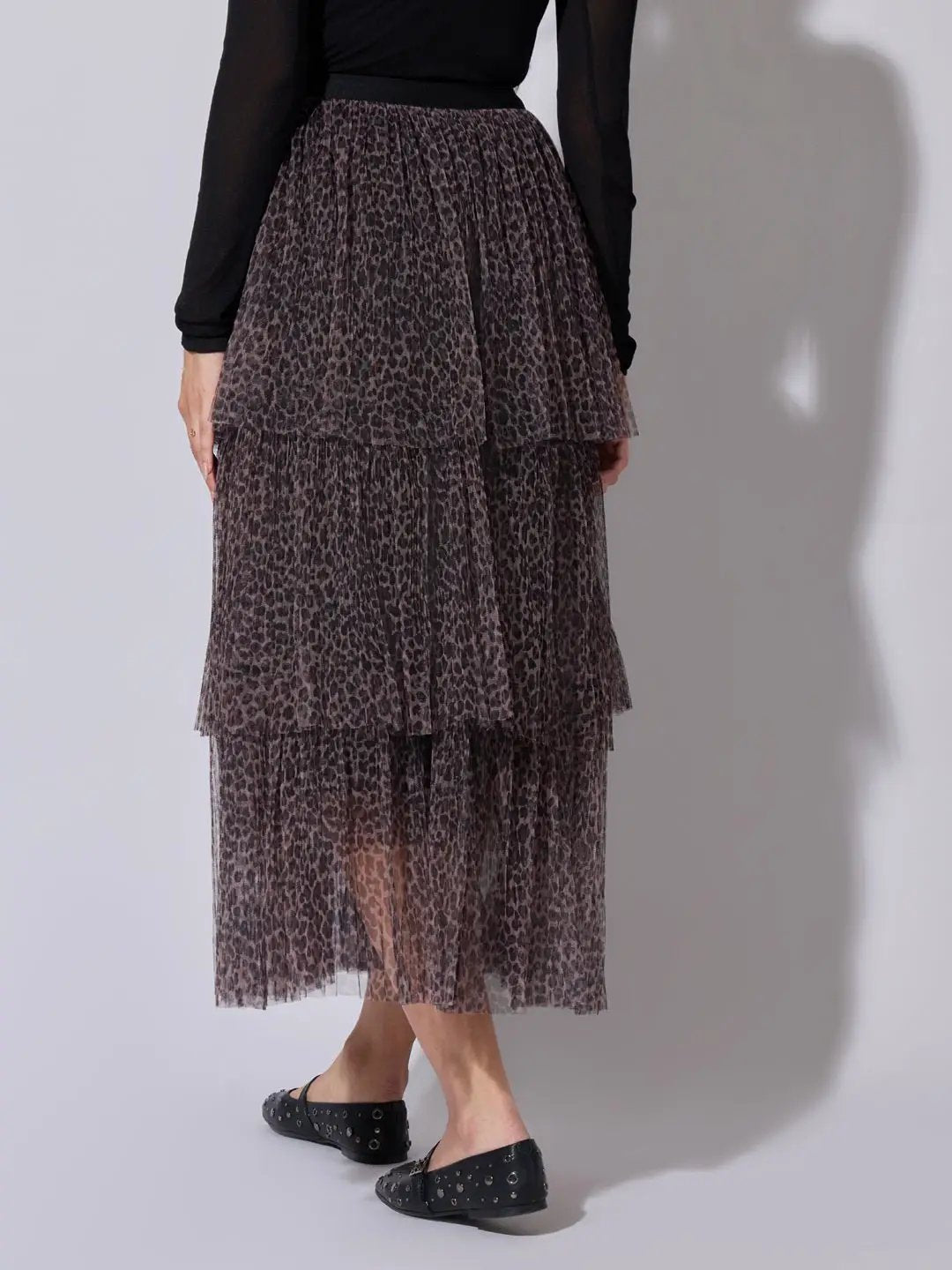 Women's Printed Brown Tiered Mesh Skirt