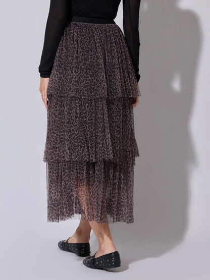 Women's Printed Brown Tiered Mesh Skirt