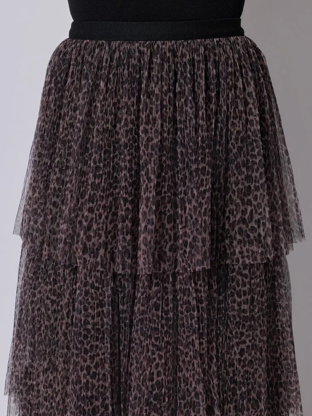 Women's Printed Brown Tiered Mesh Skirt
