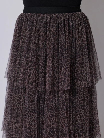Women's Printed Brown Tiered Mesh Skirt