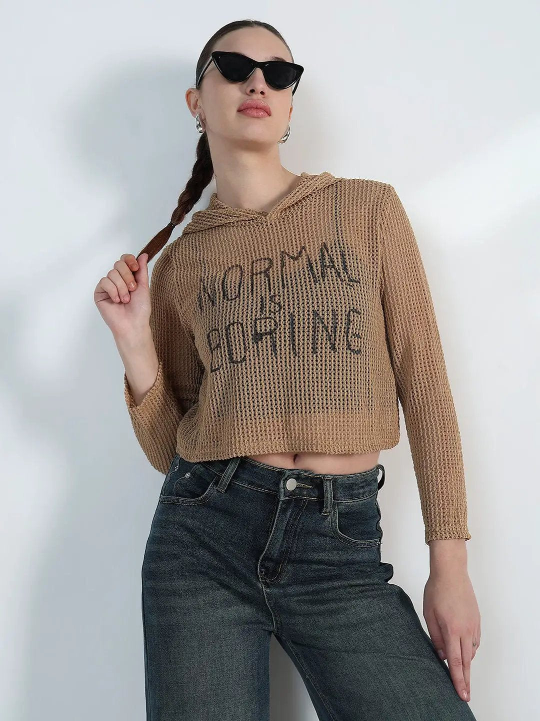 Women's Typography Brown Mesh Cropped Hoodie with Tank Top