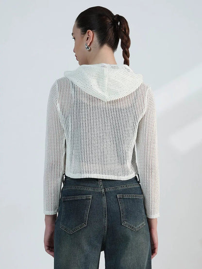 Women's Typography White Mesh Cropped Hoodie with Tank Top