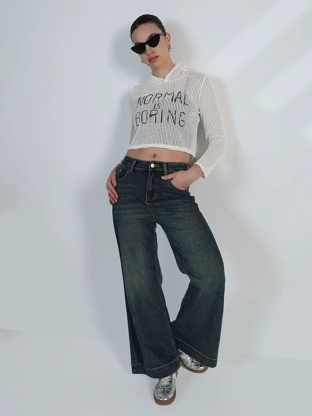 Women's Typography White Mesh Cropped Hoodie with Tank Top
