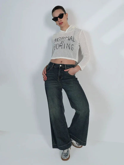 Women's Typography White Mesh Cropped Hoodie with Tank Top