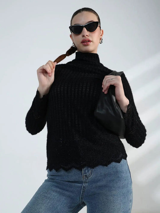 Women's Black Lace High Neck Top