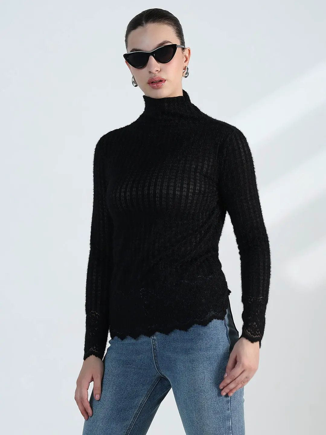 Women's Black Lace High Neck Top