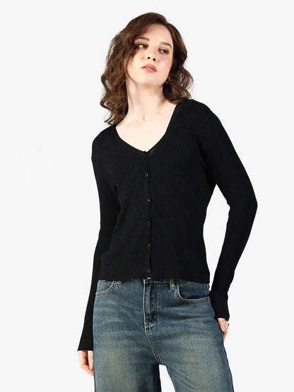 Women's Ribbed Black Button Down Top