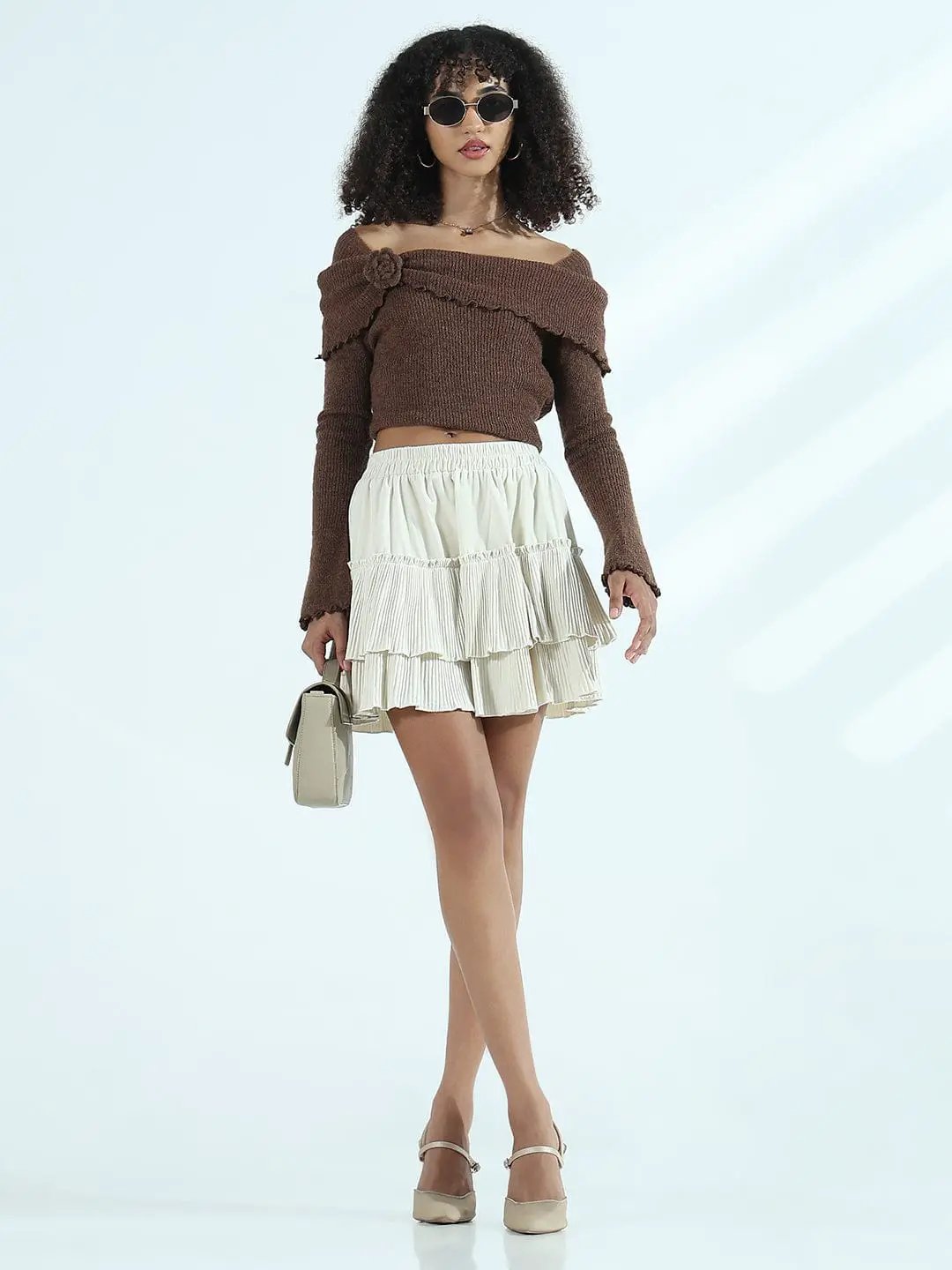 Women's Pleated Cream Tiered Velvet Short Skirt