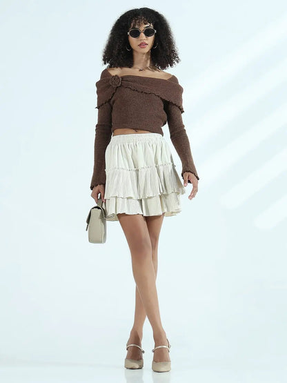 Women's Pleated Cream Tiered Velvet Short Skirt