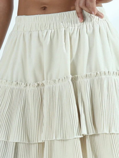 Women's Pleated Cream Tiered Velvet Short Skirt