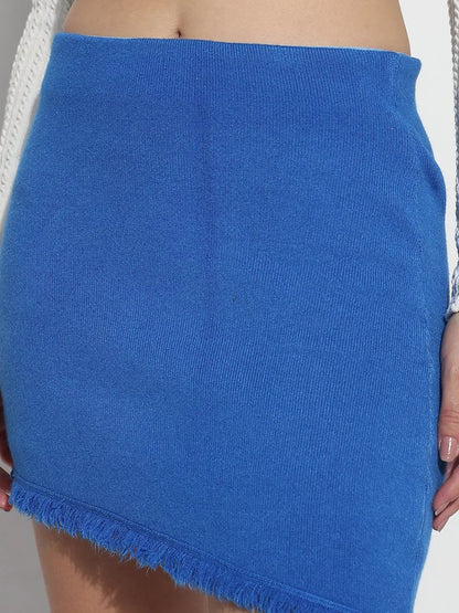 Women's Asymmetric Blue Mini Skirt with Fringe Hem