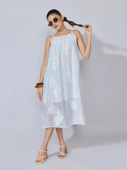 Women's Floral Embroidered White Midi Dress