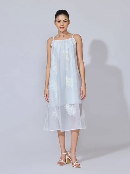Women's Floral Embroidered White Midi Dress