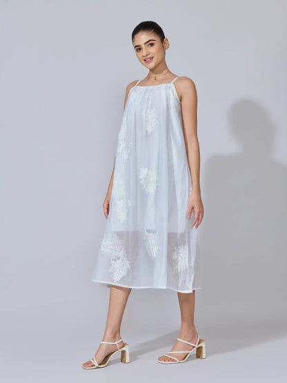 Women's Floral Embroidered White Midi Dress