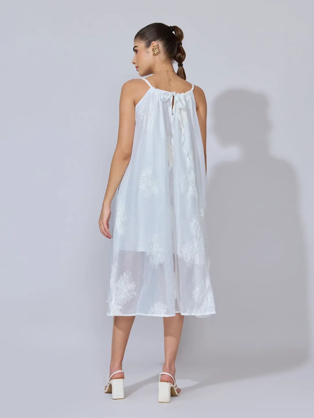 Women's Floral Embroidered White Midi Dress