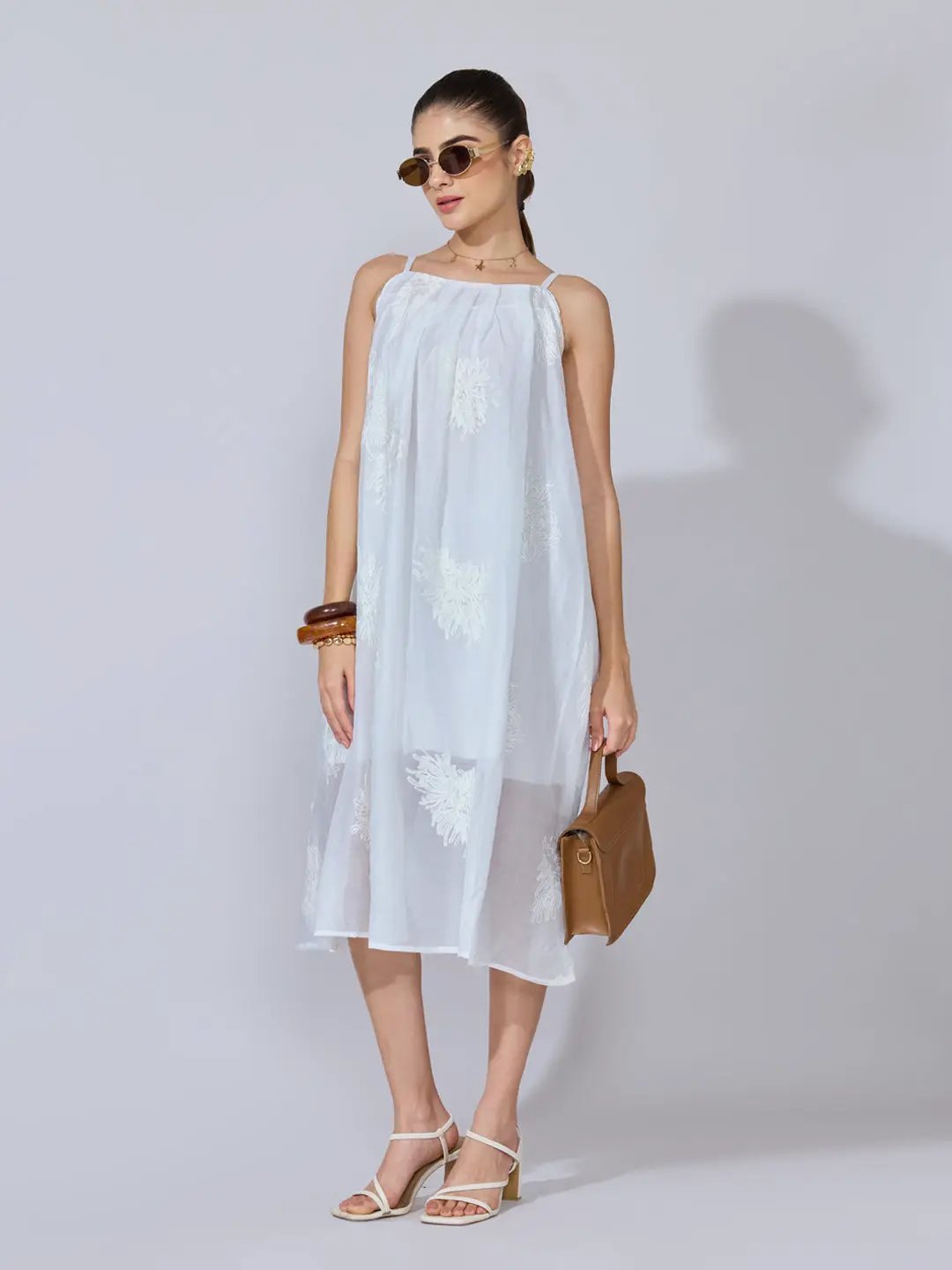 Women's Floral Embroidered White Midi Dress