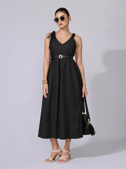 Women's Black A-Line Midi Dress with Tie-Up