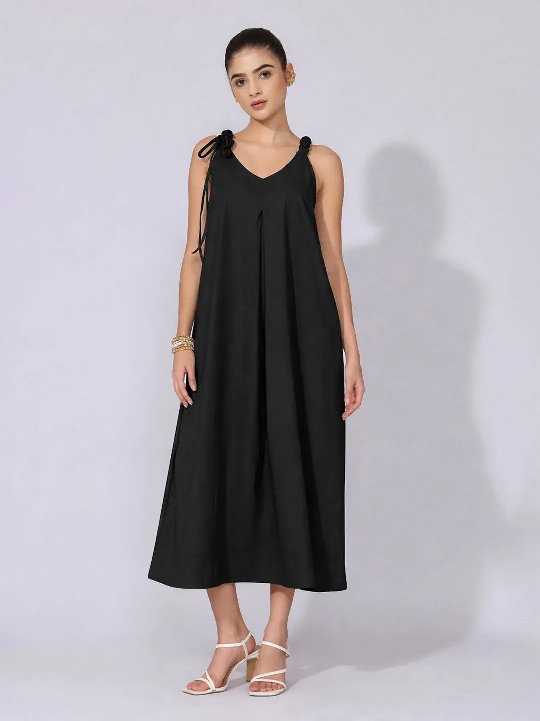 Women's Black A-Line Midi Dress with Tie-Up
