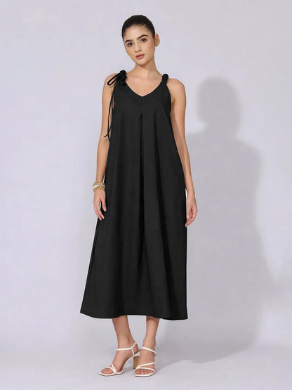 Women's Black A-Line Midi Dress with Tie-Up
