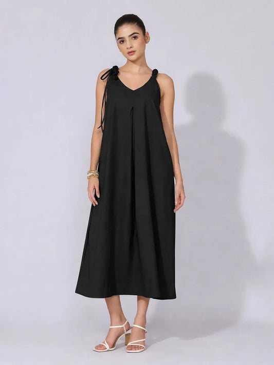 Women's Black A-Line Midi Dress with Tie-Up