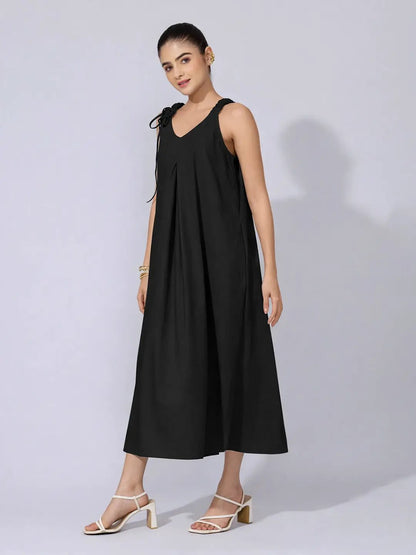 Women's Black A-Line Midi Dress with Tie-Up