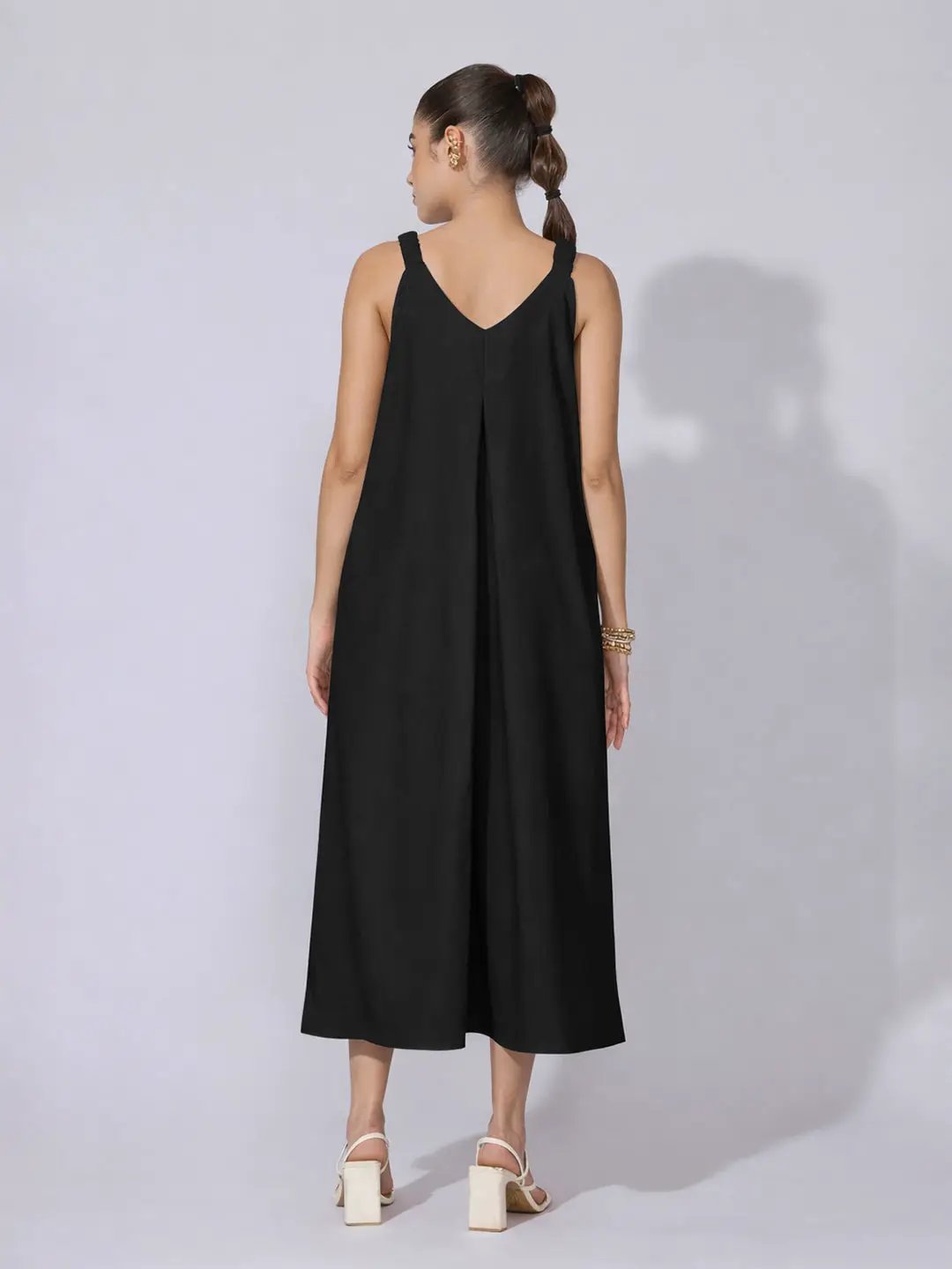 Women's Black A-Line Midi Dress with Tie-Up