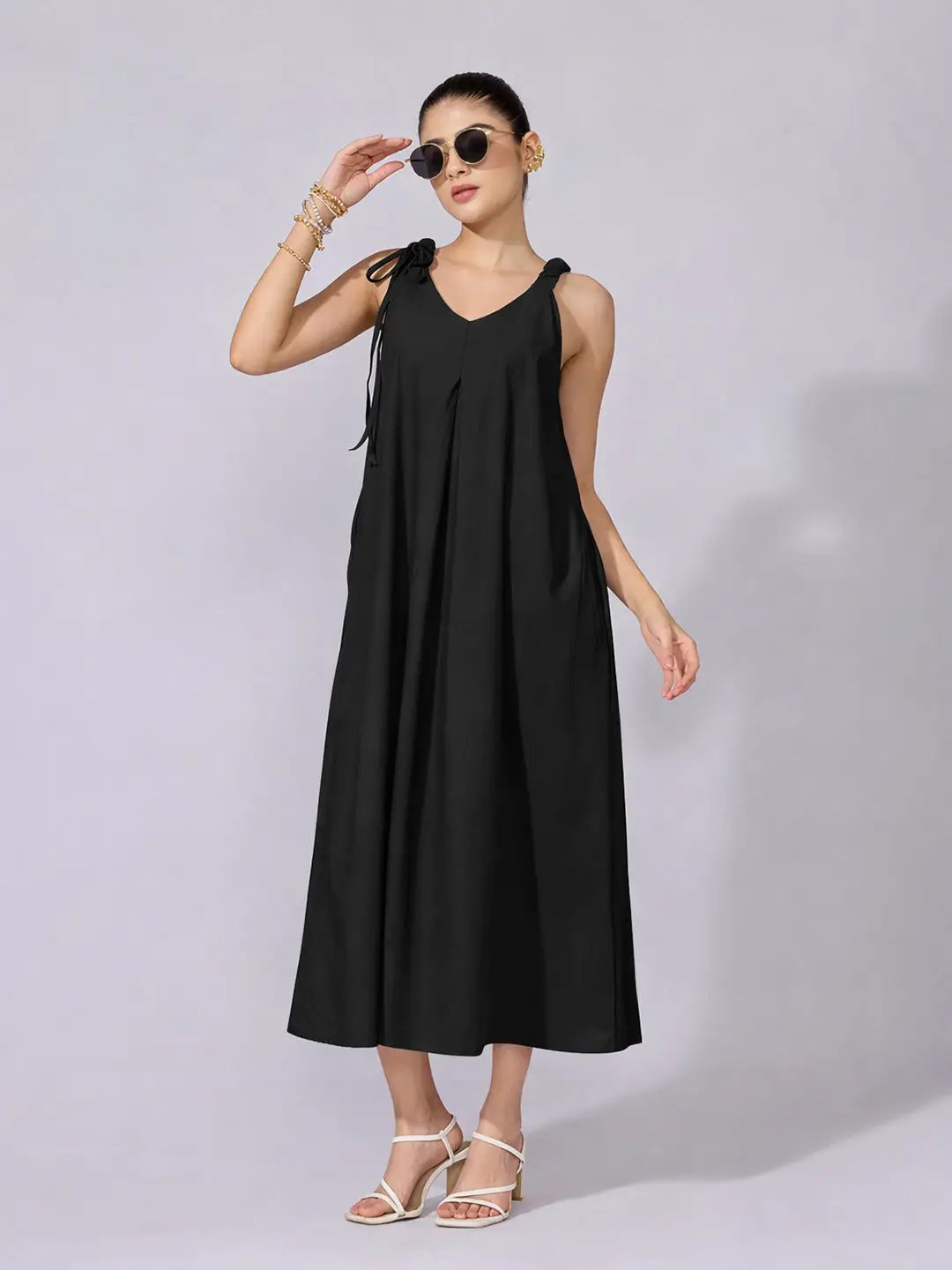 Women's Black A-Line Midi Dress with Tie-Up