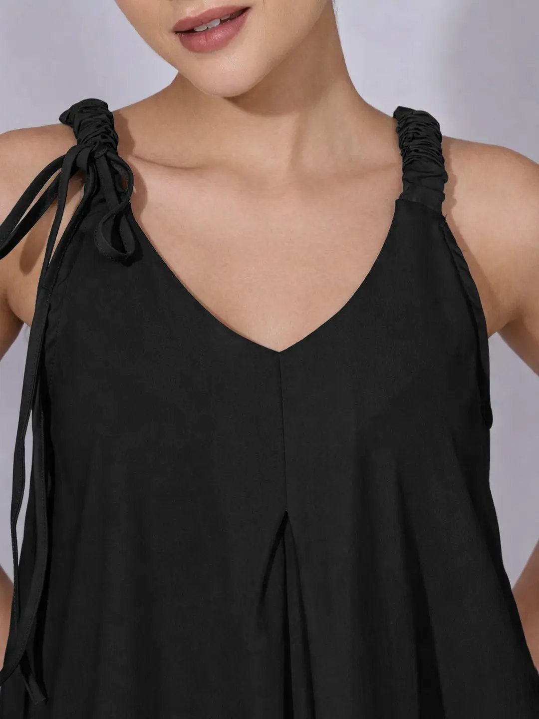Women's Black A-Line Midi Dress with Tie-Up
