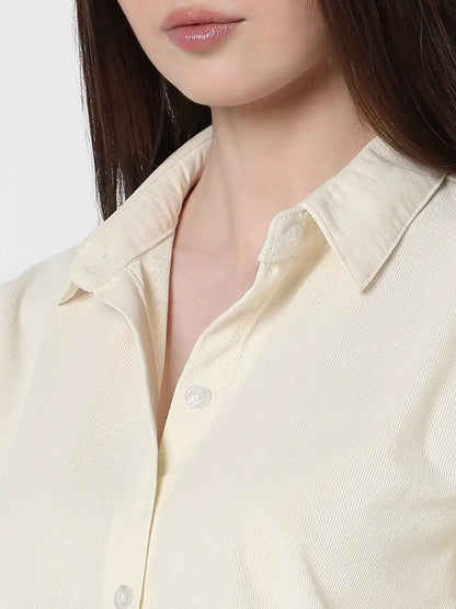 Women's Solid Cream Regular fit Long Sleeve Casual Shirt
