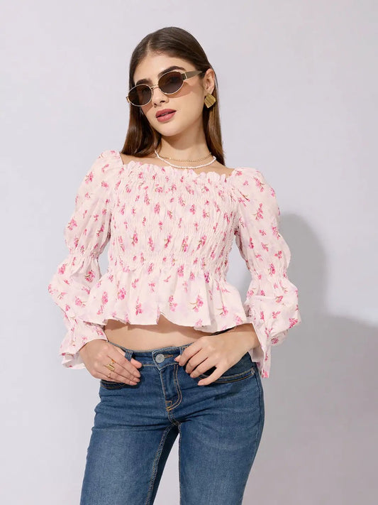 Women's Floral Print Pink Smocked Top with Ruffle Hem