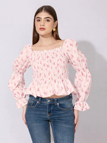 Women's Floral Print Pink Smocked Top with Ruffle Hem
