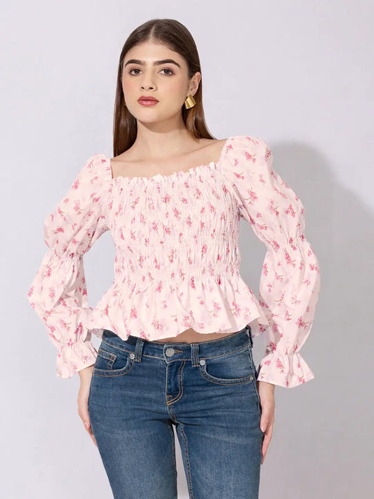 Women's Floral Print Pink Smocked Top with Ruffle Hem