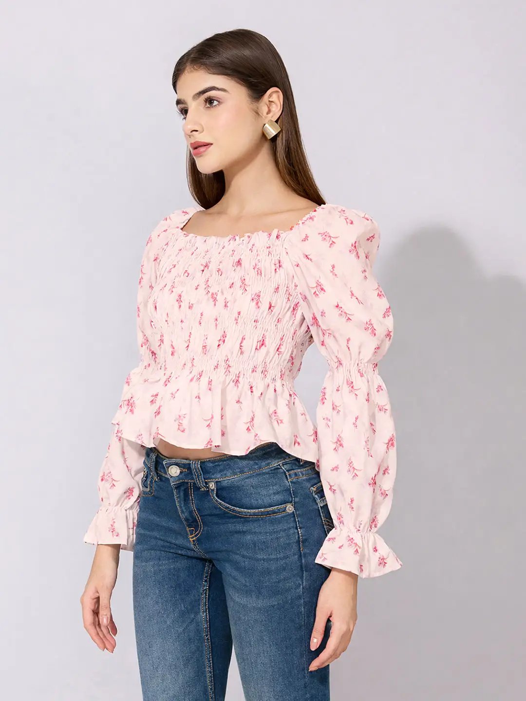 Women's Floral Print Pink Smocked Top with Ruffle Hem