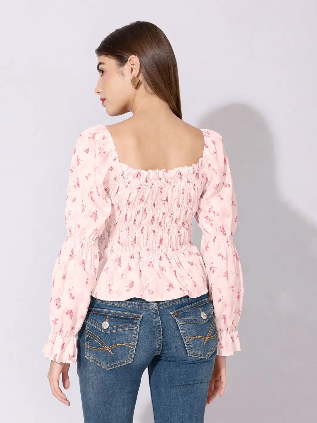 Women's Floral Print Pink Smocked Top with Ruffle Hem