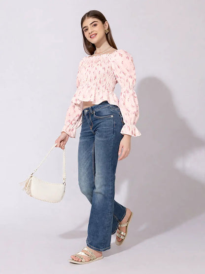 Women's Floral Print Pink Smocked Top with Ruffle Hem