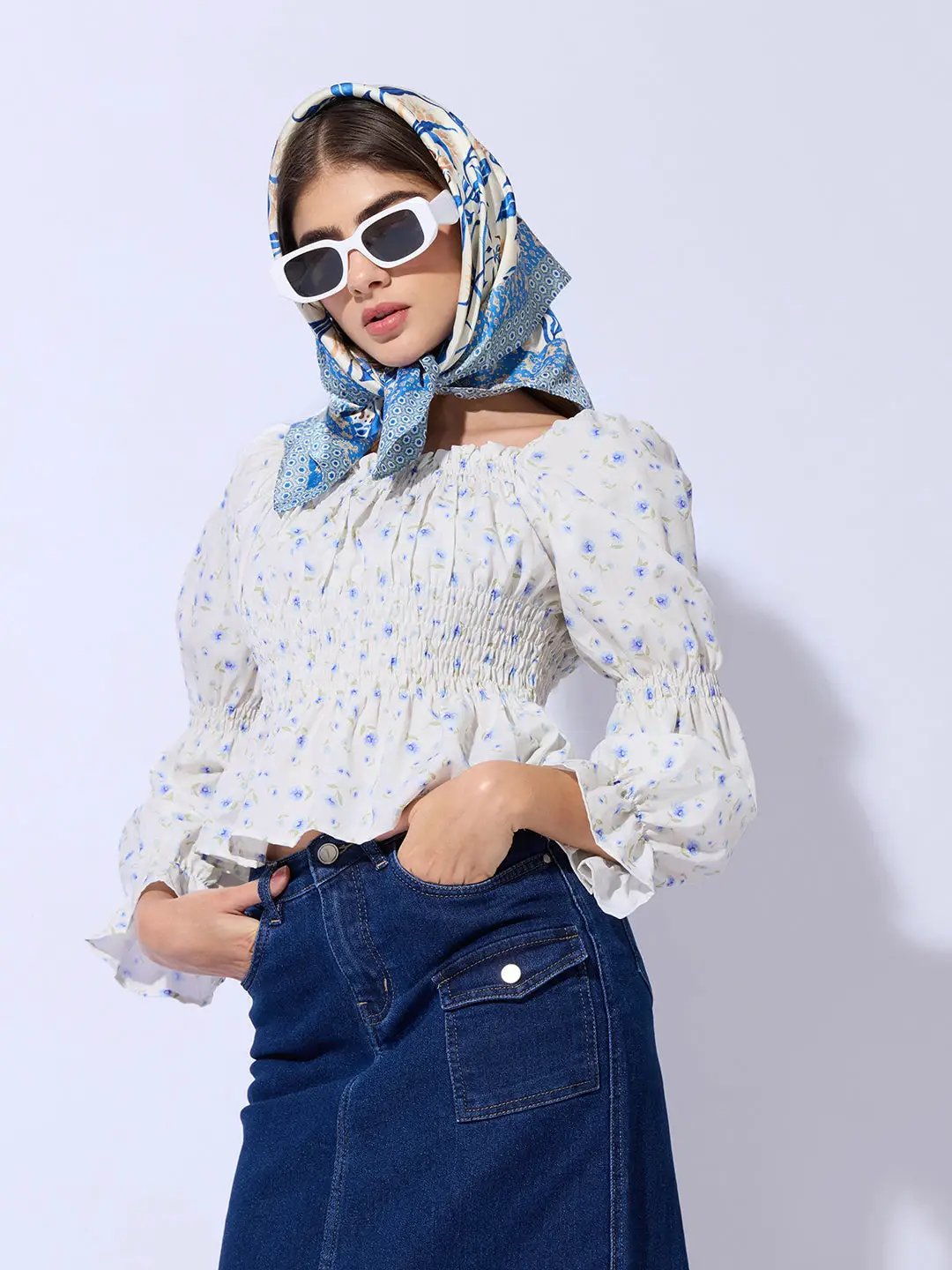 Women's Floral Print Blue Smocked Peplum Top