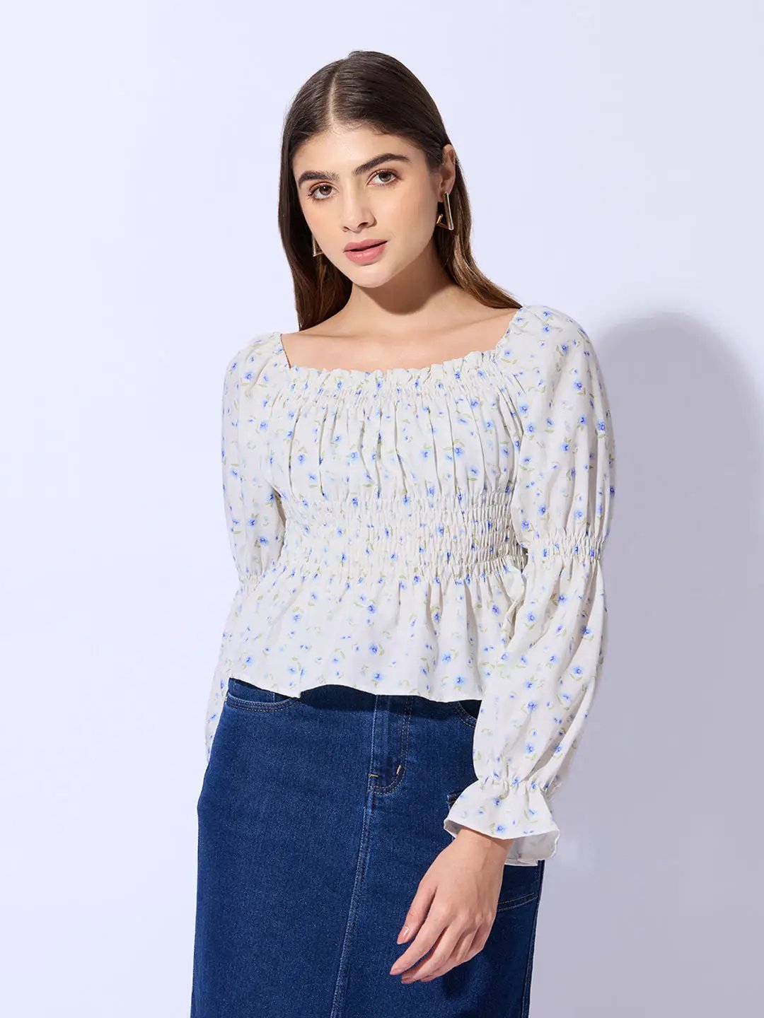 Women's Floral Print Blue Smocked Peplum Top