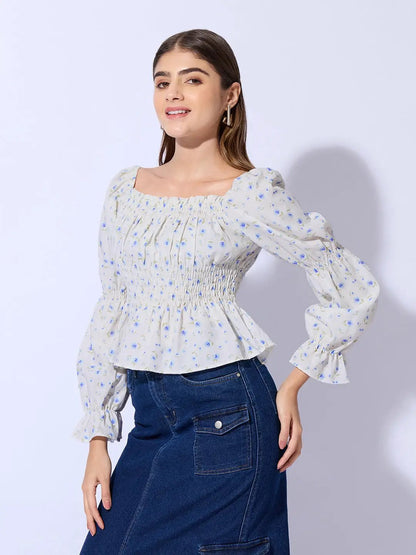 Women's Floral Print Blue Smocked Peplum Top